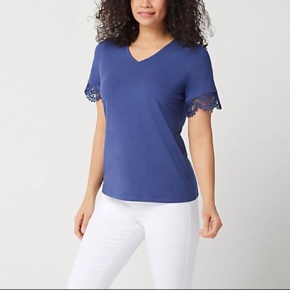 Denim & Co. V-Neck W/Lace Trim Jersey Top - Picture 1 of 4